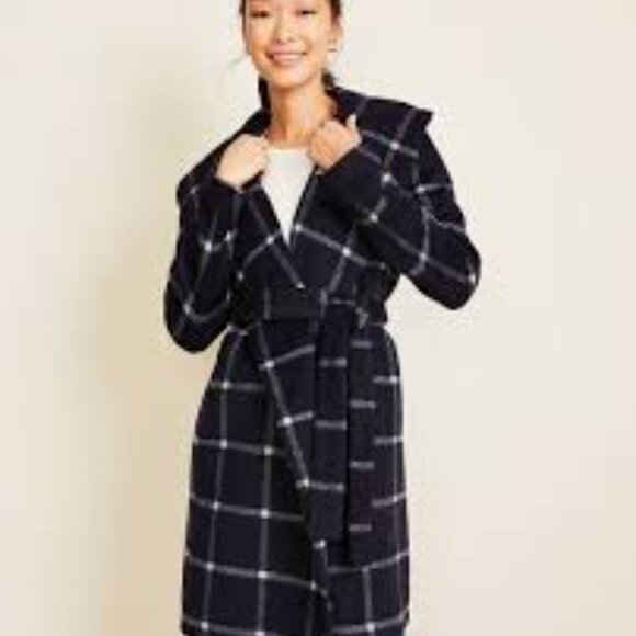 Ann Taylor Windowpane Plaid Wool Coat with tie - Picture 1 of 7
